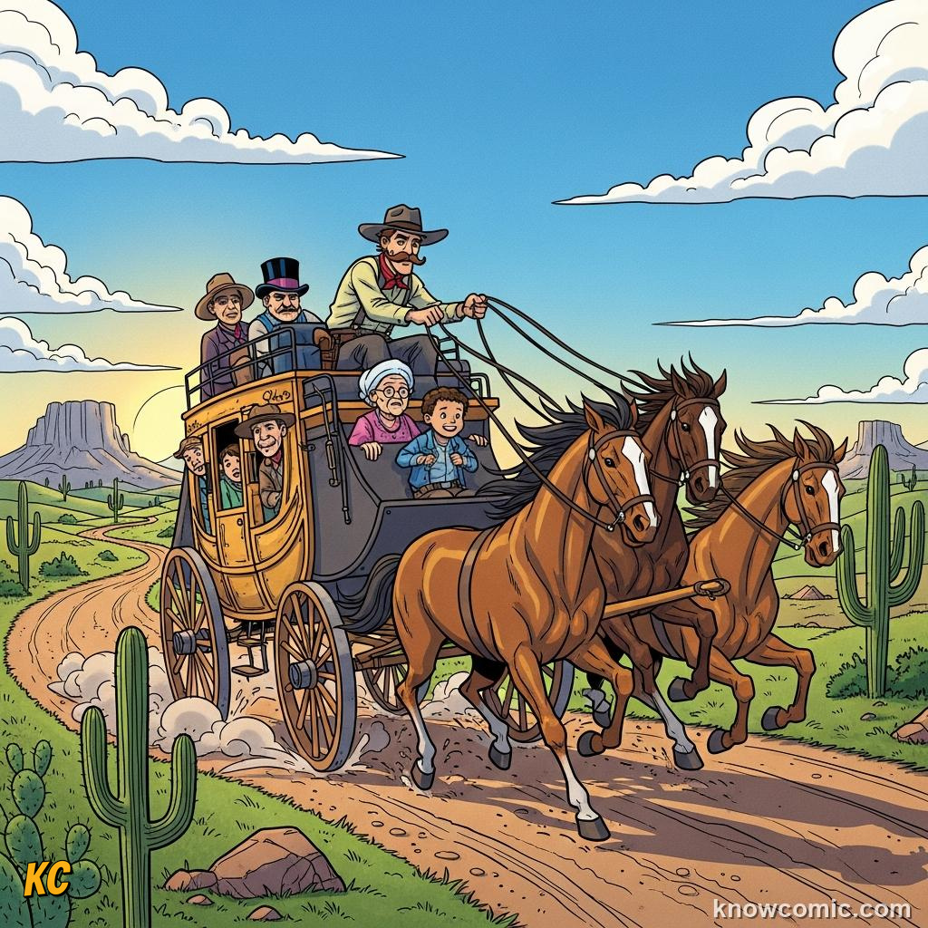 Stagecoach packed with passengers bouncing along a rough country road