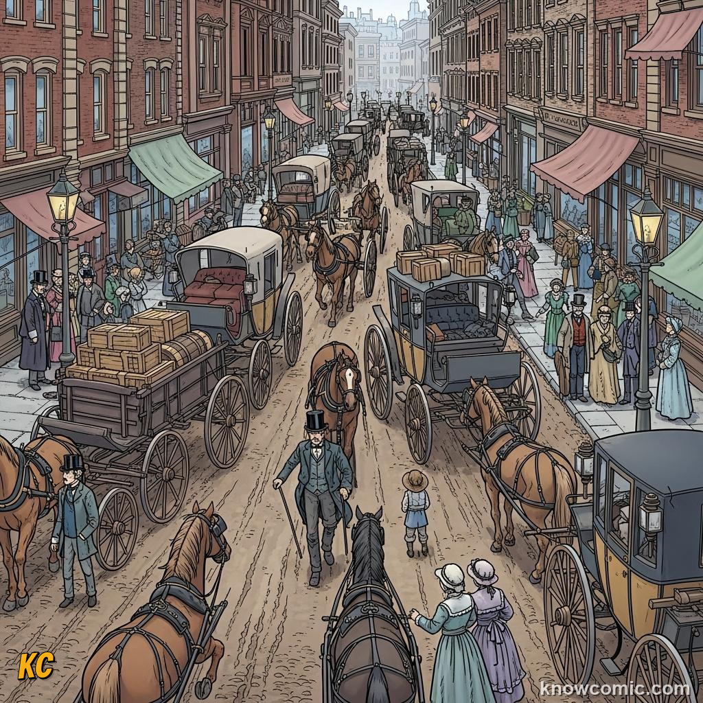Busy city street jammed with horse-drawn vehicles carts and coaches