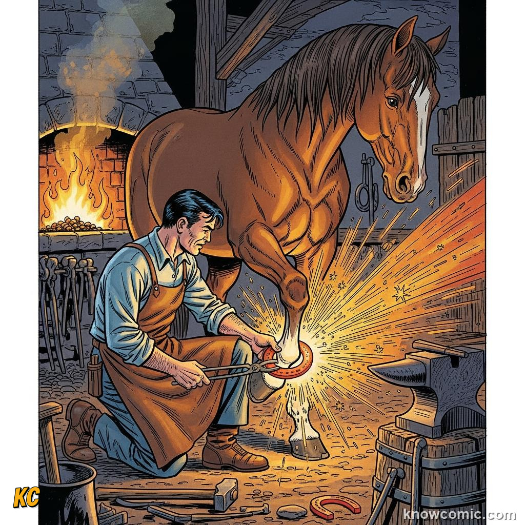 Blacksmith fitting a curved iron horseshoe to protect a working horse hoof