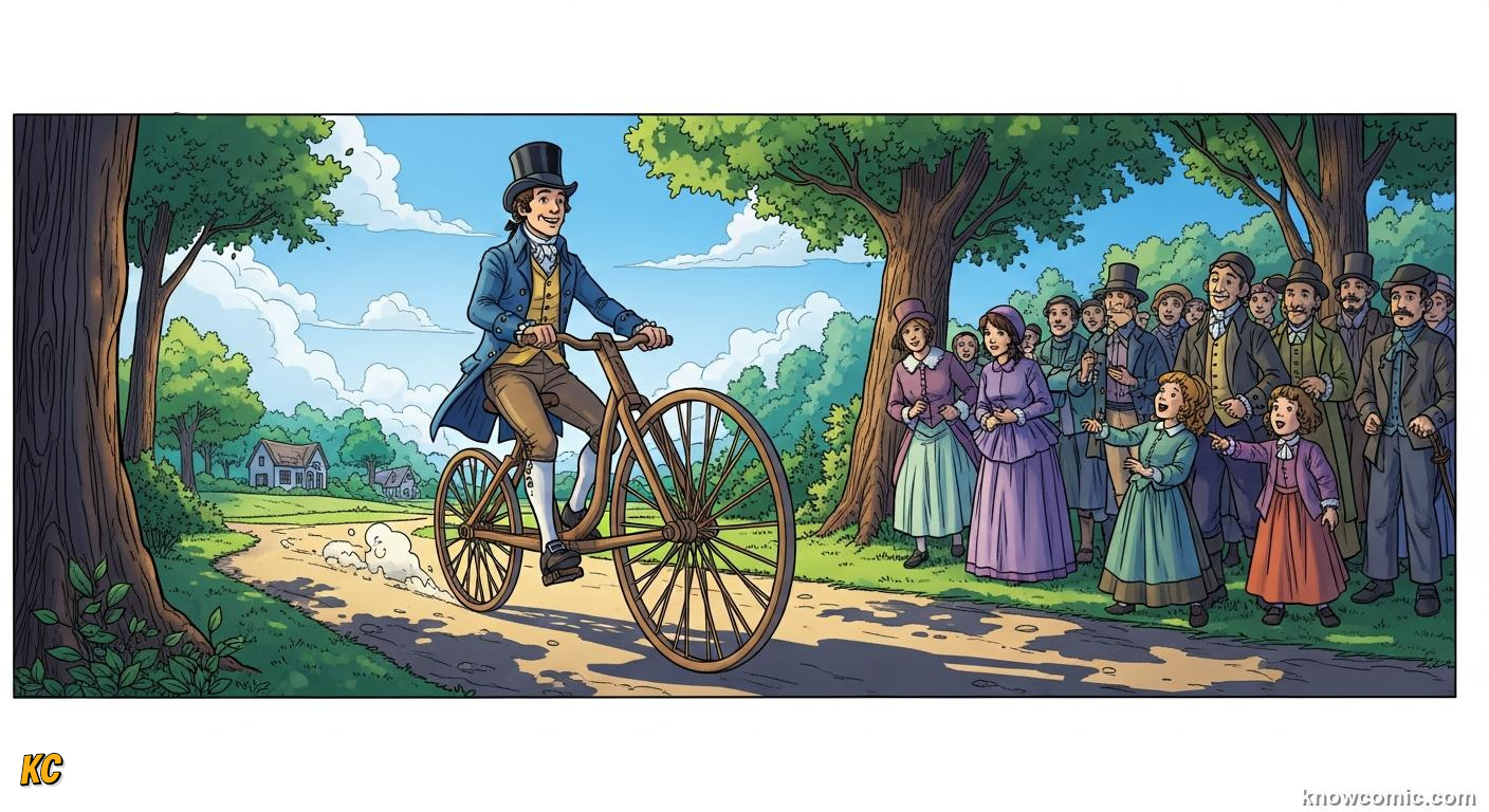 Early 1810s wooden draisine balance bike ridden by scooting feet on the ground