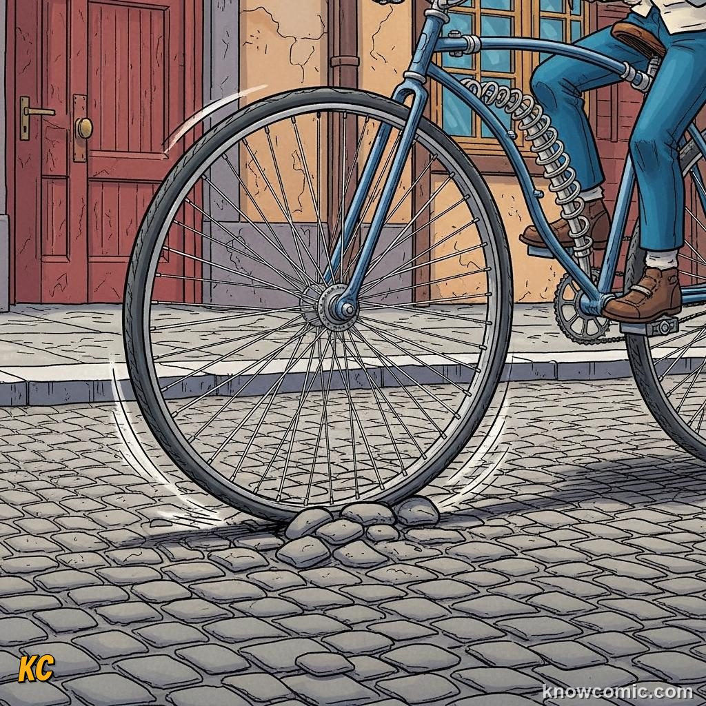 Iron boneshaker bicycle on cobblestones showing the rough jolting early ride