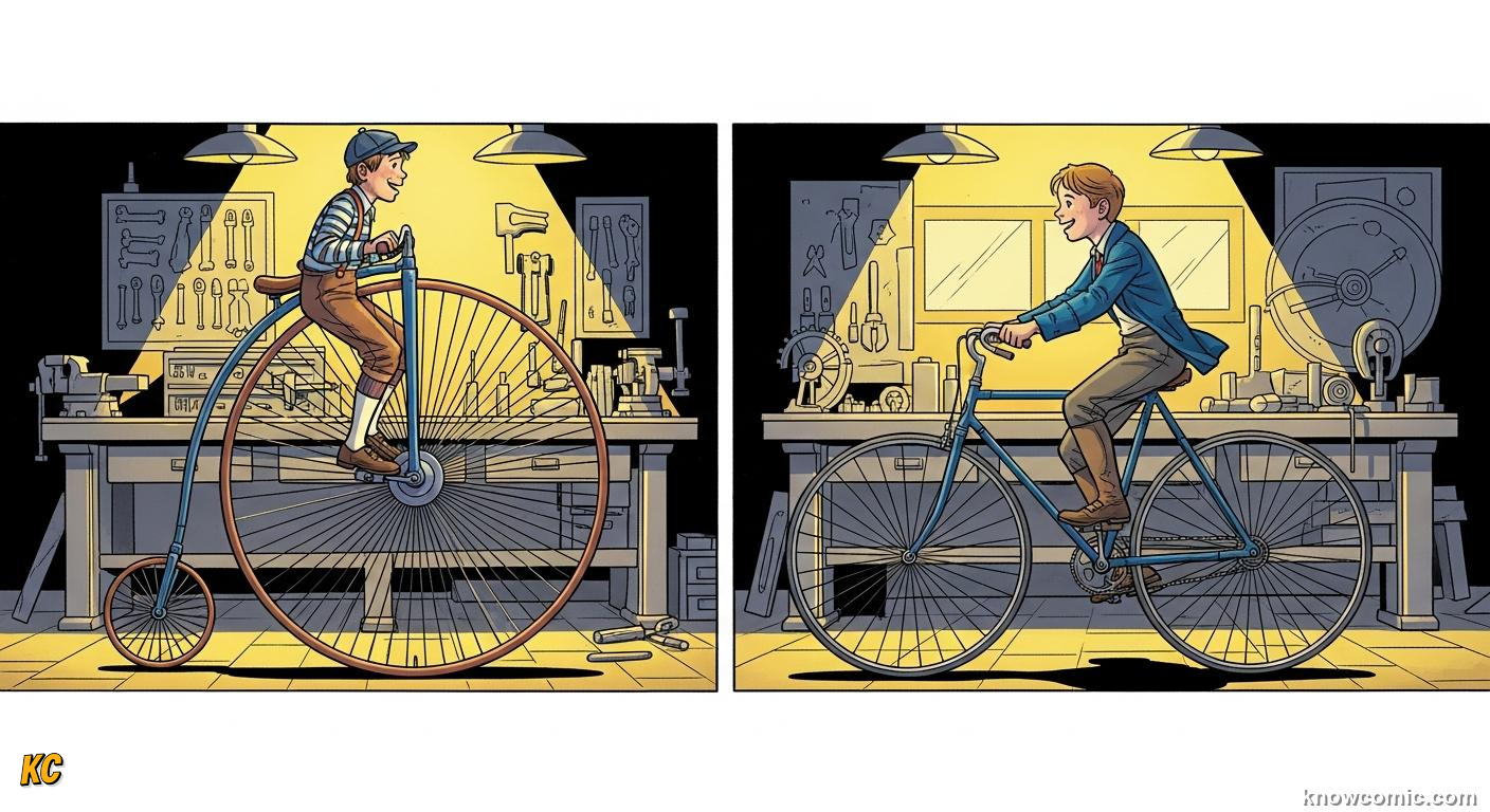 Penny-farthing bicycle with enormous front wheel and tiny rear wheel