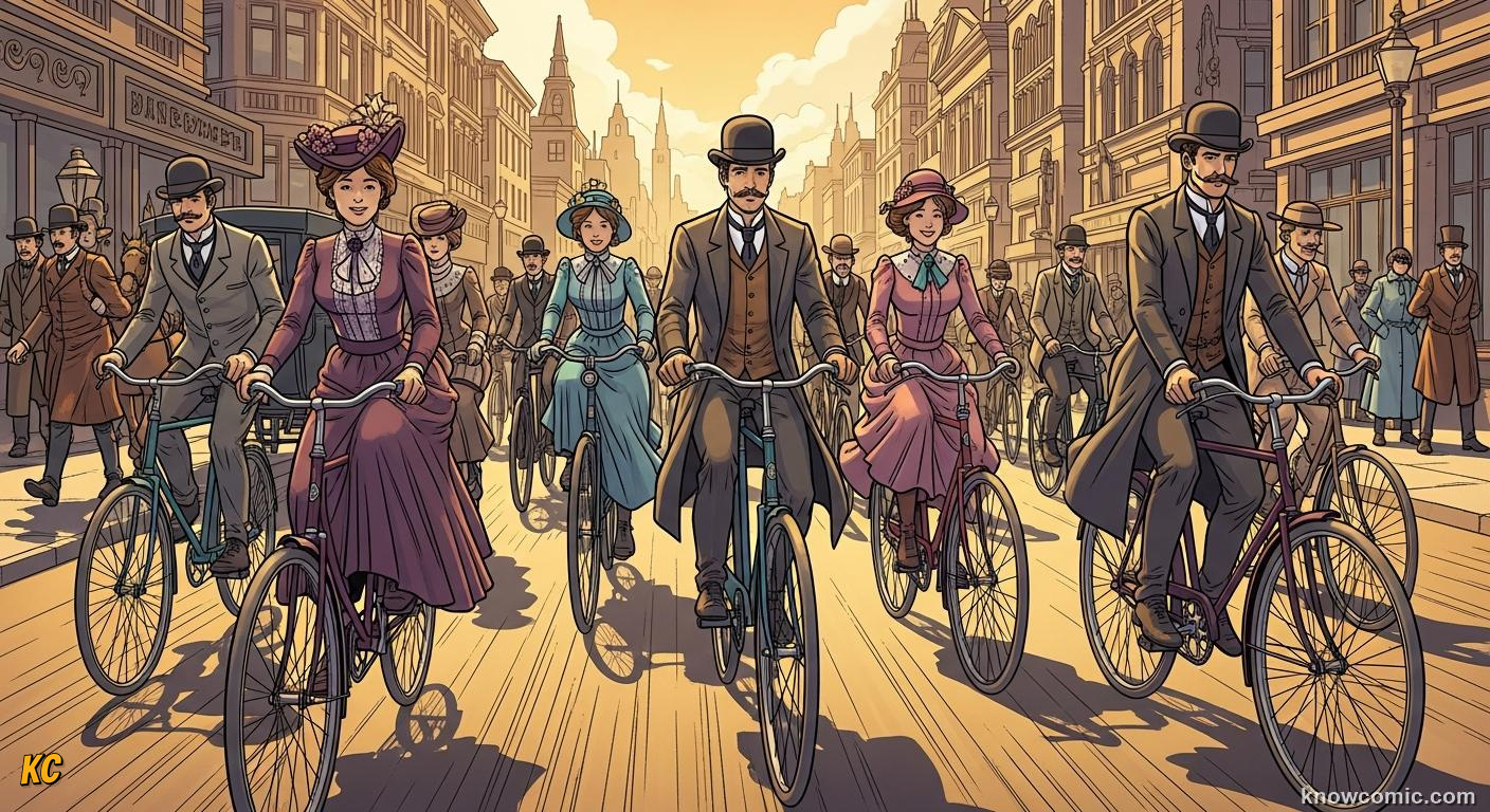 Working class people cycling to jobs on affordable safety bicycles in the 1890s