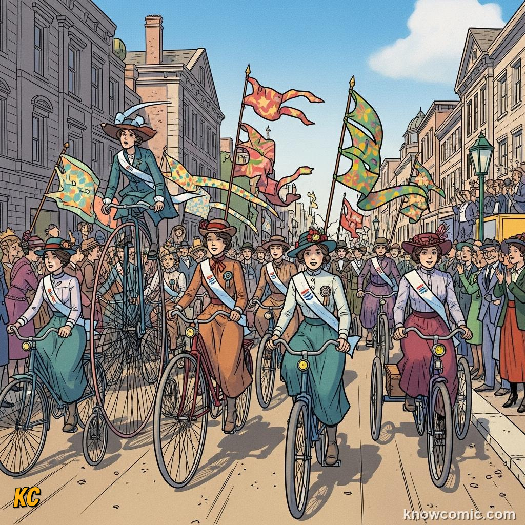 Women cyclists in bloomers riding in a suffrage parade for equal rights