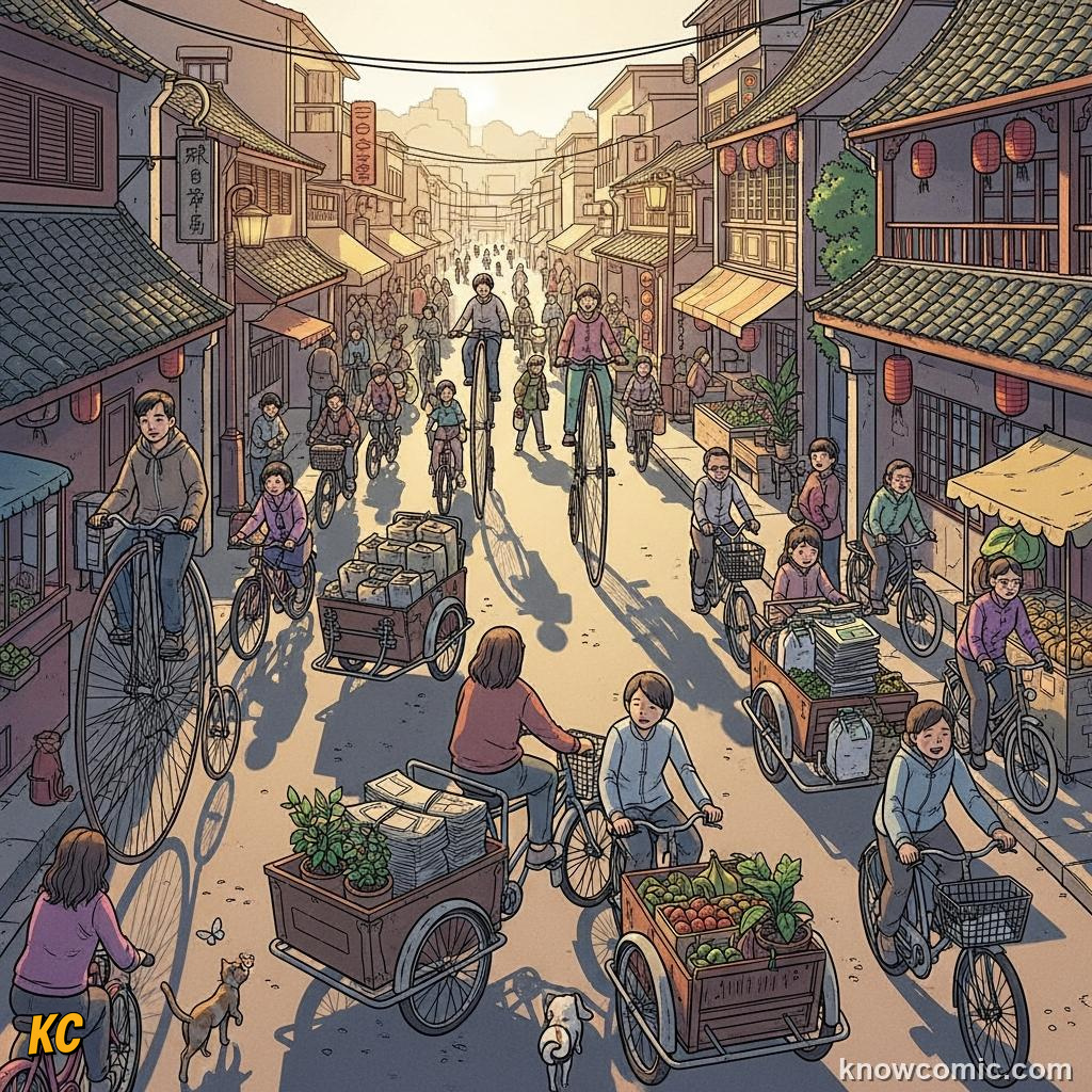 Cargo bikes loaded with goods in an Asian city carrying market produce