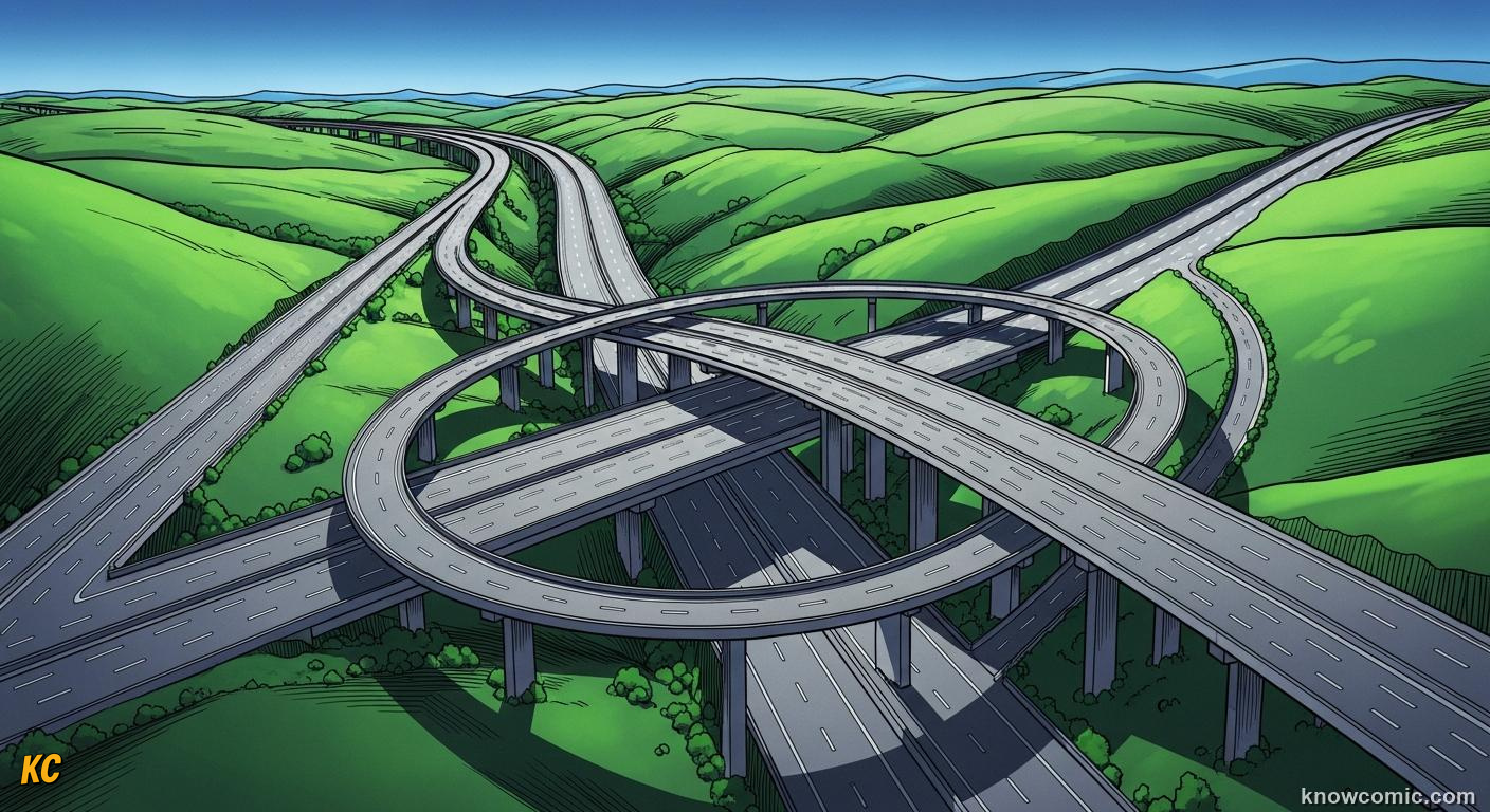 Modern motorway with limited-access design wide lanes banked turns and on-ramps