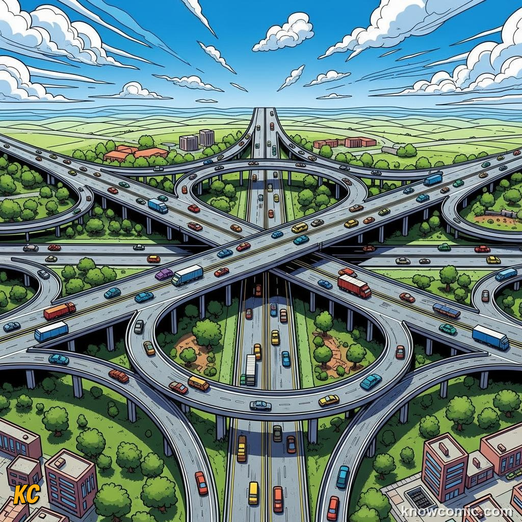 Aerial view of a cloverleaf motorway interchange weaving traffic without lights