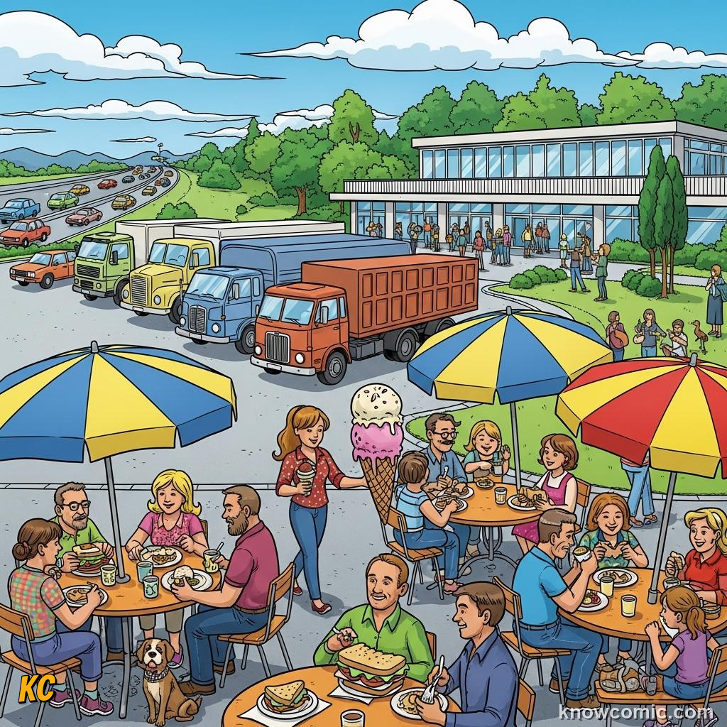 Motorway service area with petrol pumps and restaurant for long-distance travellers
