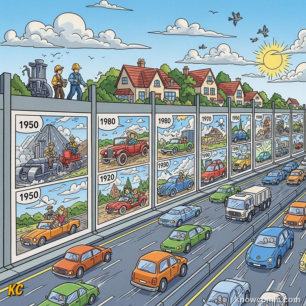 Concrete noise barrier wall protecting suburban houses from motorway traffic sound