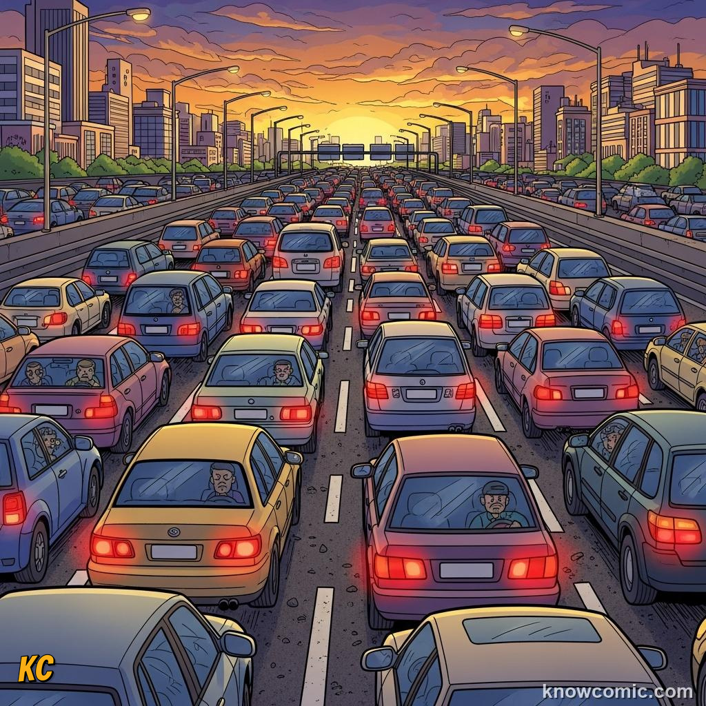 Motorway rush-hour traffic jam with taillights backed up for kilometres