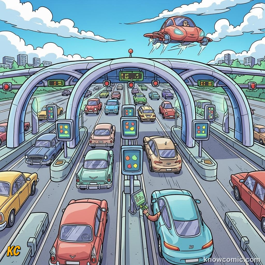 Electronic toll gantry on motorway recording cars and charging road users