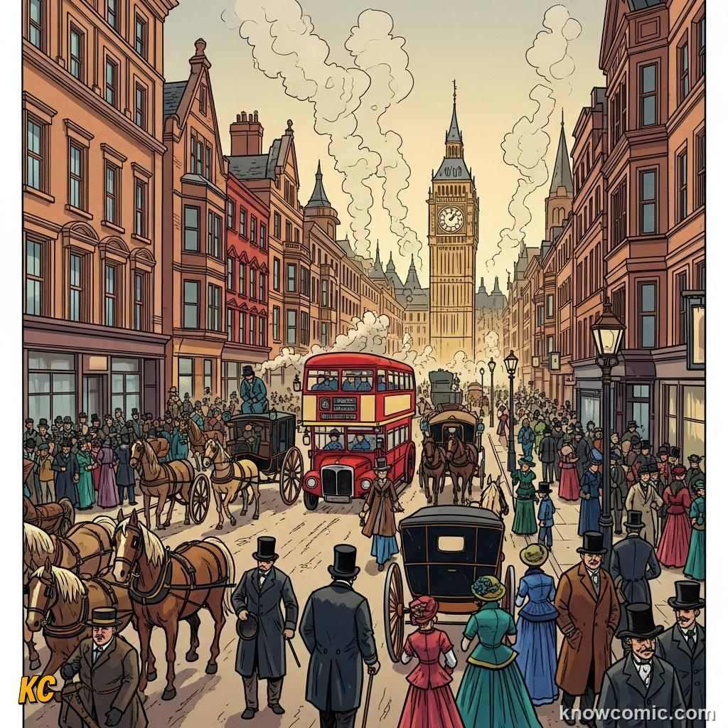 Foggy Victorian London street crowded with horses coaches and frustrated commuters