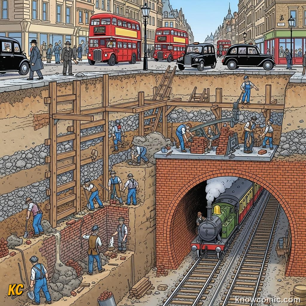 Cut-and-cover trench being excavated through London streets for the underground