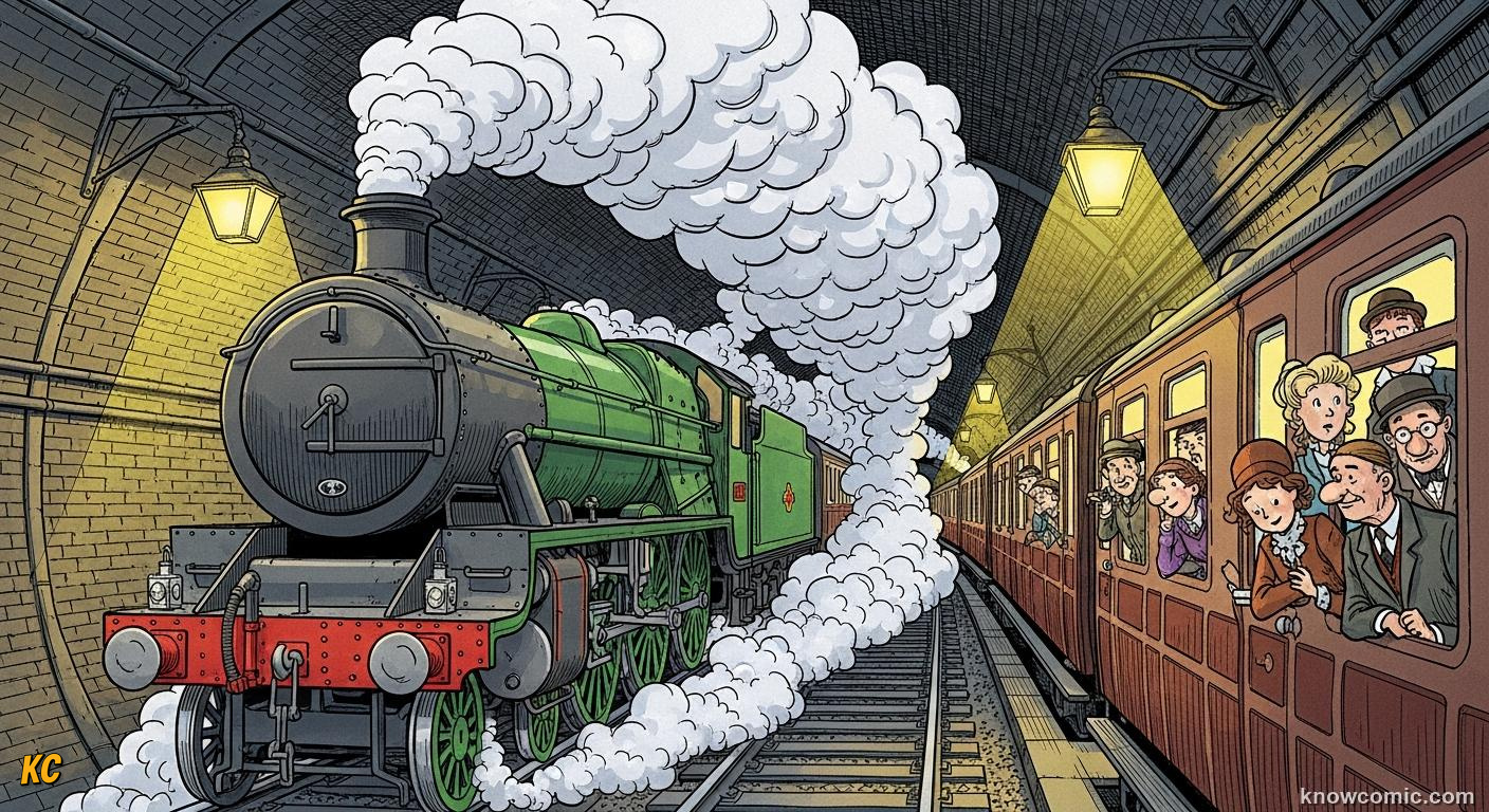 Steam locomotive filling an underground tunnel with smoke and heat in the 1860s