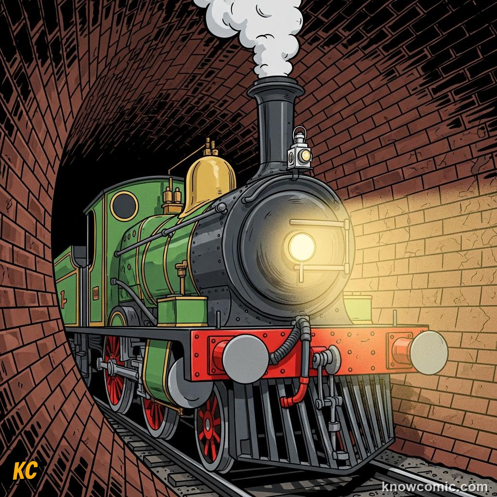 Steam locomotive belching fire and smoke like a dragon in a narrow tunnel