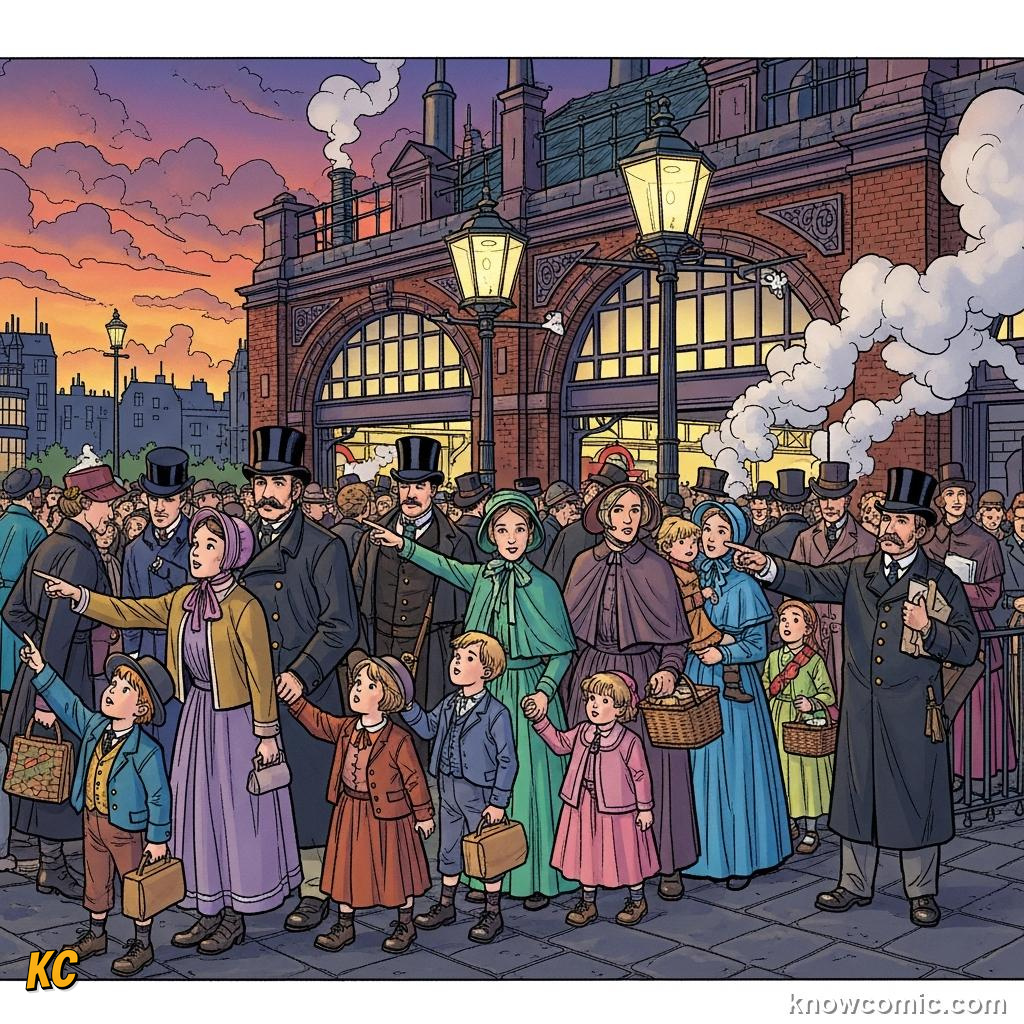 Victorian crowd queuing in long lines to ride the Underground on opening day 1863