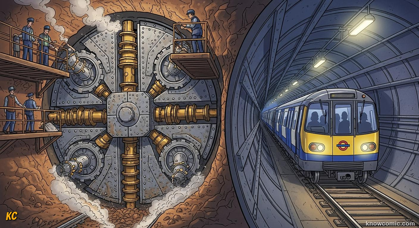 Electric Tube train running through a deep circular tunnel beneath London