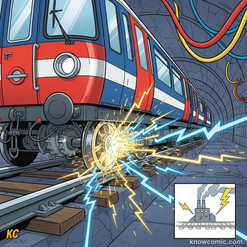 Third rail carrying electricity to power underground trains replacing steam
